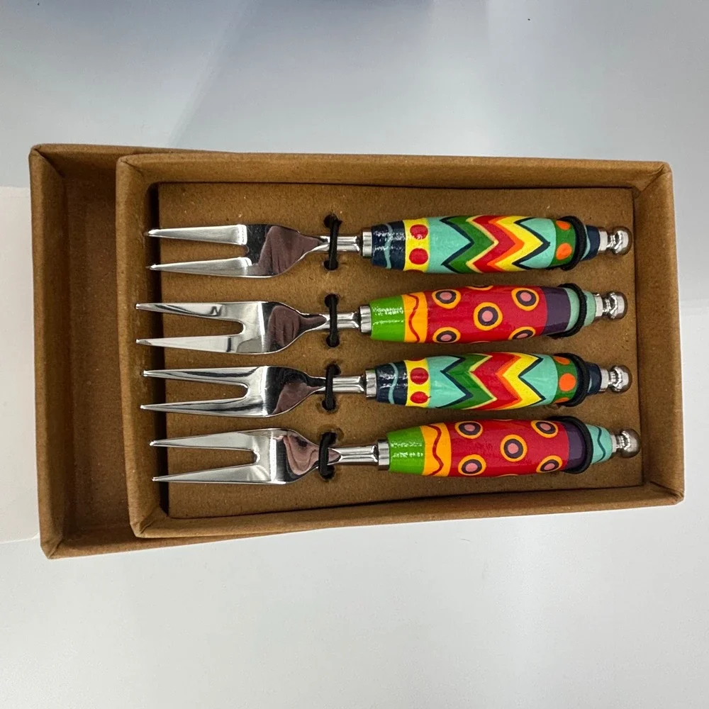 Bombay Store Handpainted Fruit Picker 4Pc Set Desert Appetizer Fork Geometric